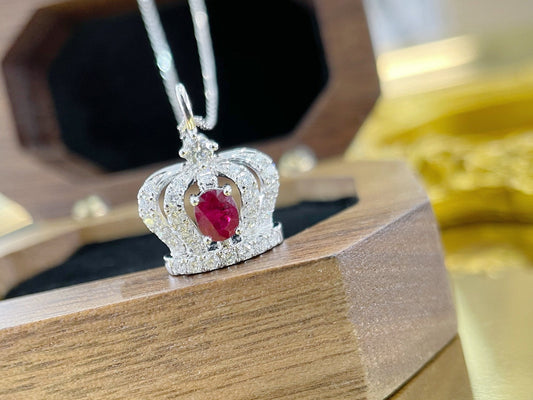 18K Rose Gold Oval Ruby Crown Necklace - Luxurious Jewelry Piece - Red Treasure Necklace