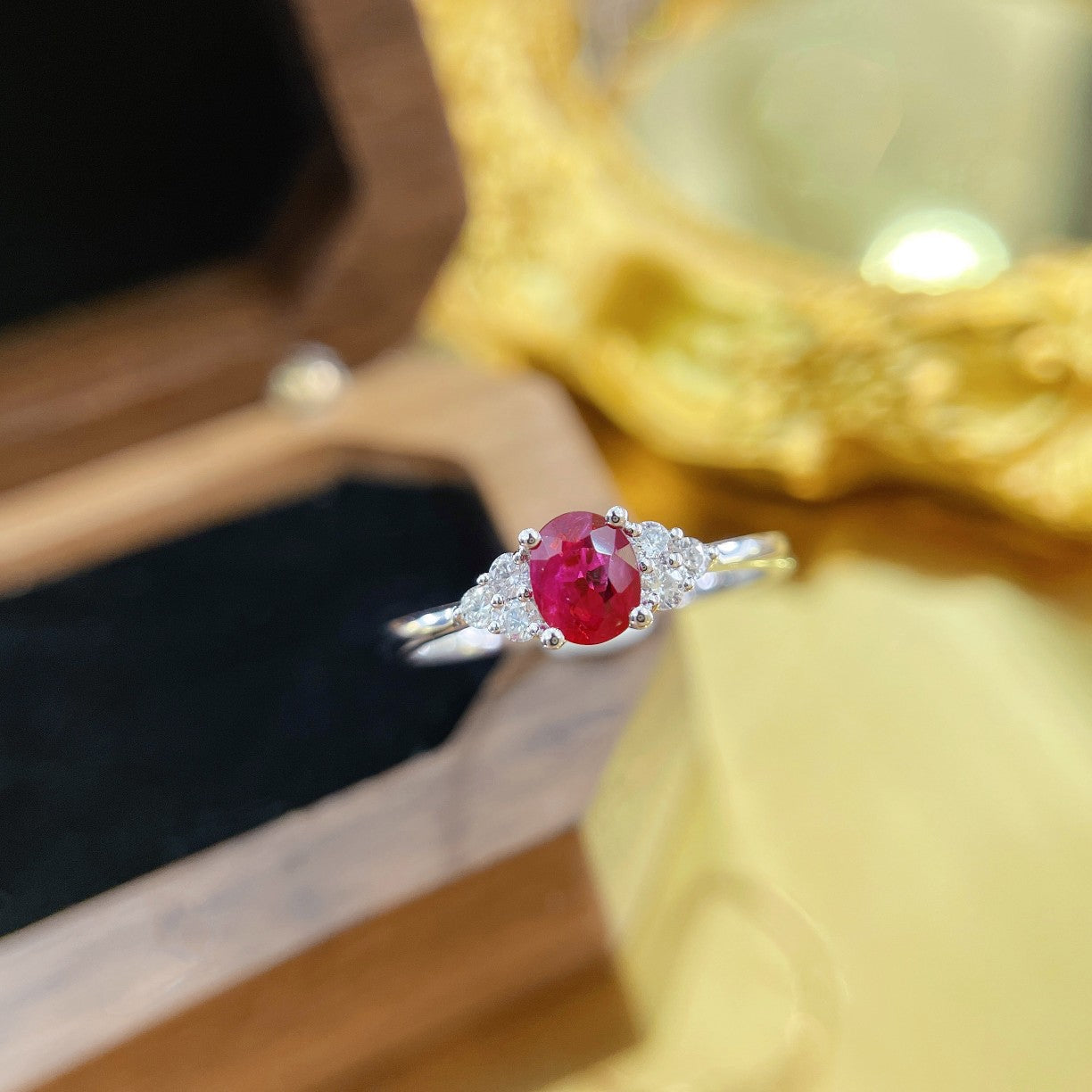 18K Rose Gold Oval Ruby Four-Claw Diamond Surround Ring | Luxury Jewelry - Red Treasure Ring