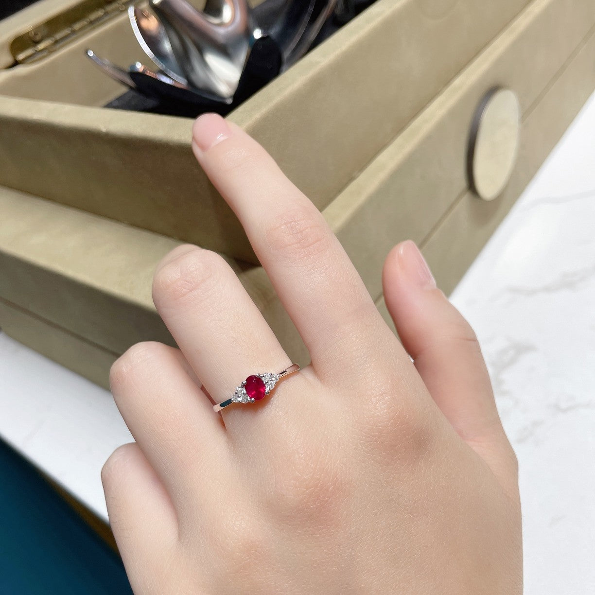 18K Rose Gold Oval Ruby Four-Claw Diamond Surround Ring | Luxury Jewelry - Red Treasure Ring