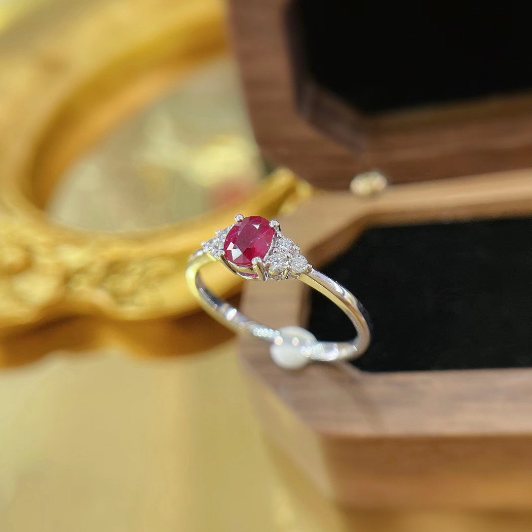 18K Rose Gold Oval Ruby Four-Claw Diamond Surround Ring | Luxury Jewelry - Red Treasure Ring