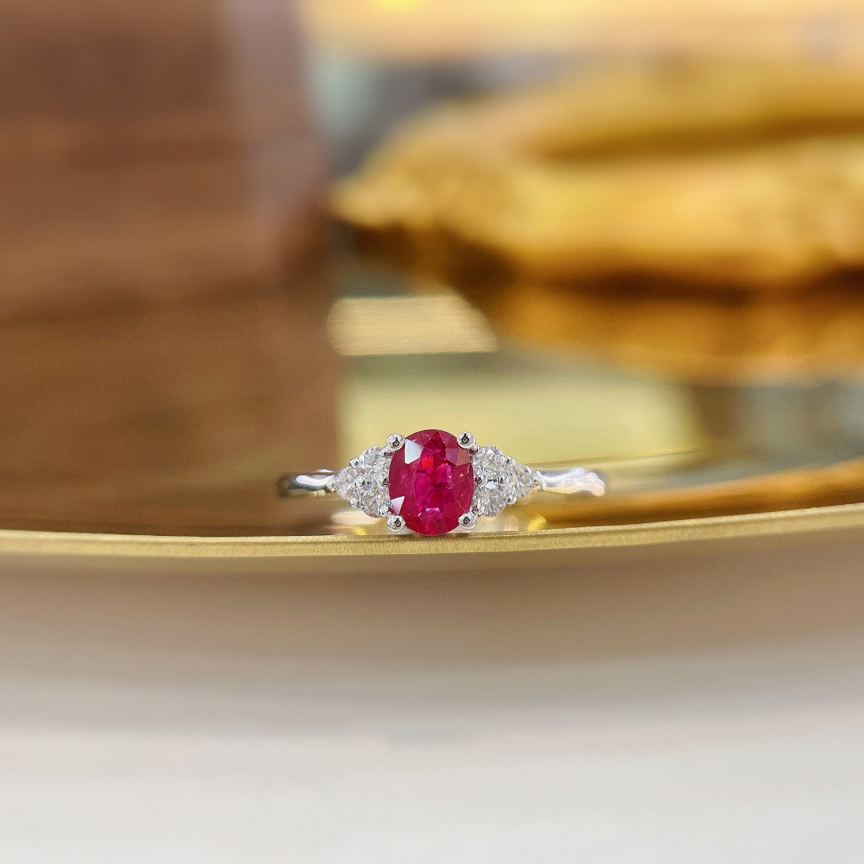 18K Rose Gold Oval Ruby Four-Claw Diamond Surround Ring | Luxury Jewelry - Red Treasure Ring