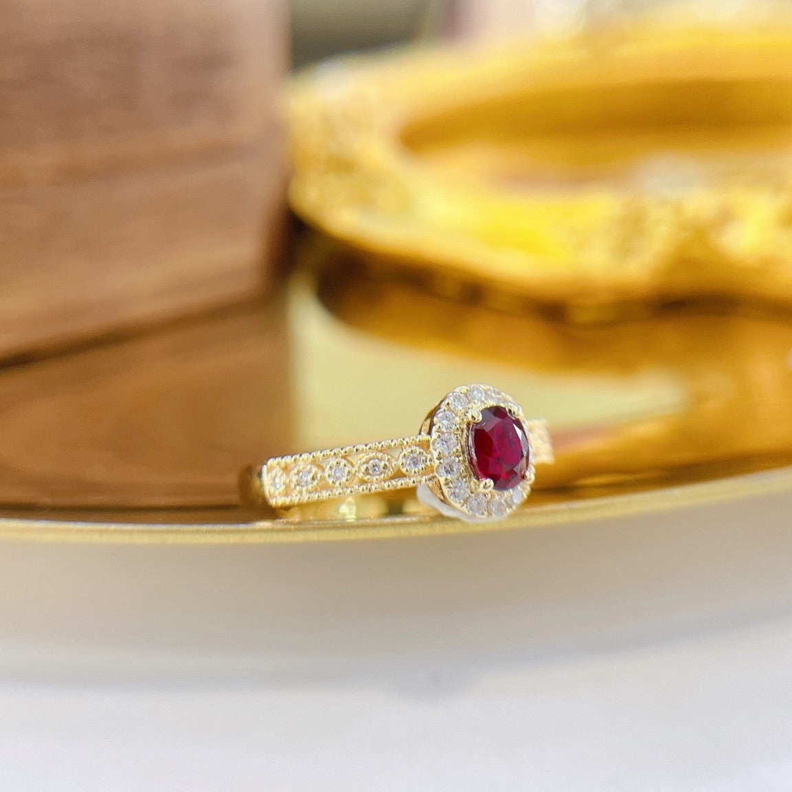 18K Rose Gold Oval Ruby Lace Edge Ring | Premium Jewelry - Red Treasure Ring