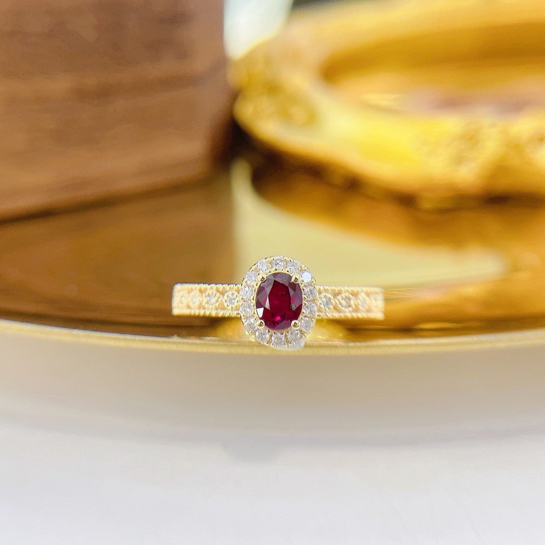 18K Rose Gold Oval Ruby Lace Edge Ring | Premium Jewelry - Red Treasure Ring