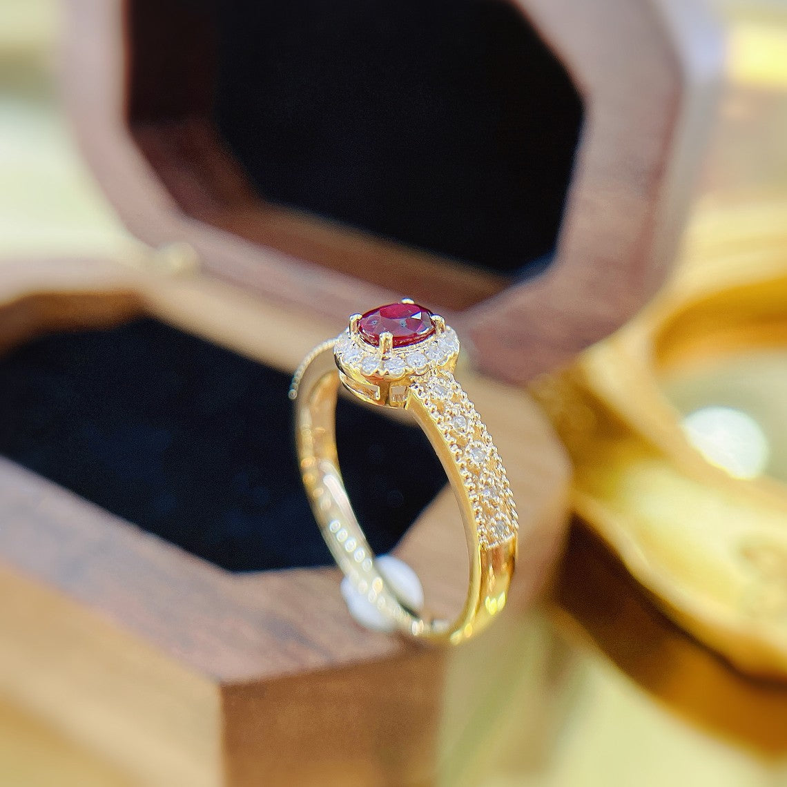 18K Rose Gold Oval Ruby Lace Edge Ring | Premium Jewelry - Red Treasure Ring