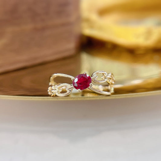 18K Rose Gold Oval Shaped Ruby and Gold Chain Ring | Premium Jewelry - Red Treasure Ring