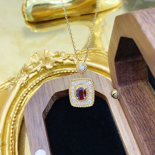 18K Rose Gold Oval-Shaped Ruby Bubble Clasp Necklace with Diamond Accents - Red Treasure Necklace