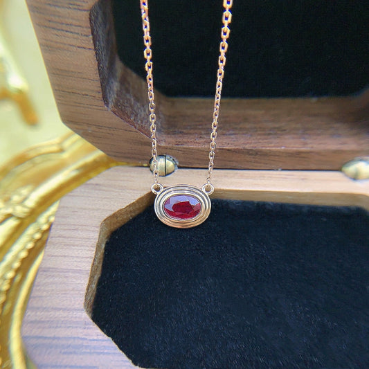 18K Rose Gold Oval Shaped Ruby Circle Pendant Necklace - Red Treasure Necklace