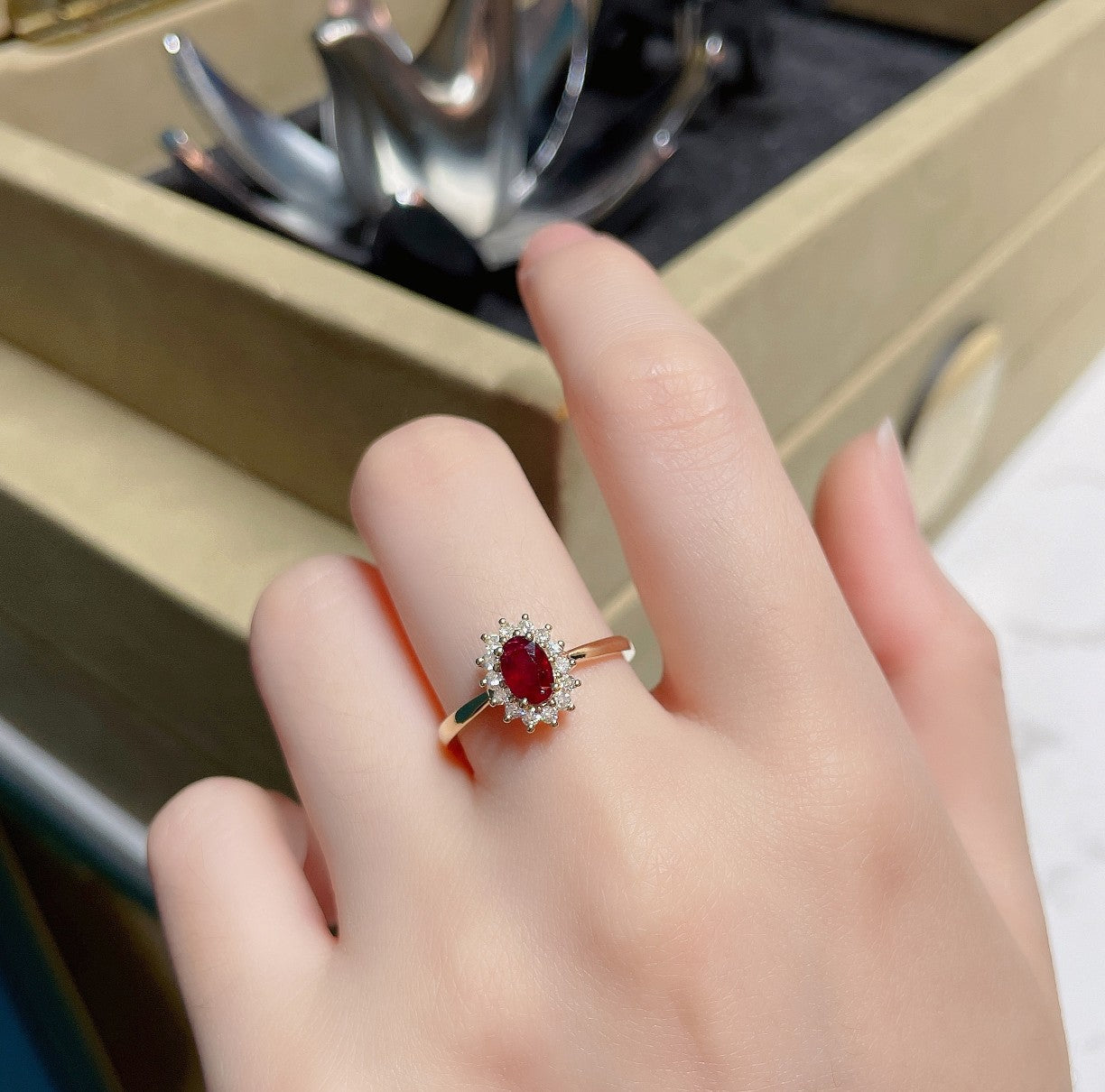 18K Rose Gold Oval Shaped Ruby Straight Arm Ring | Premium Jewelry - Red Treasure Ring