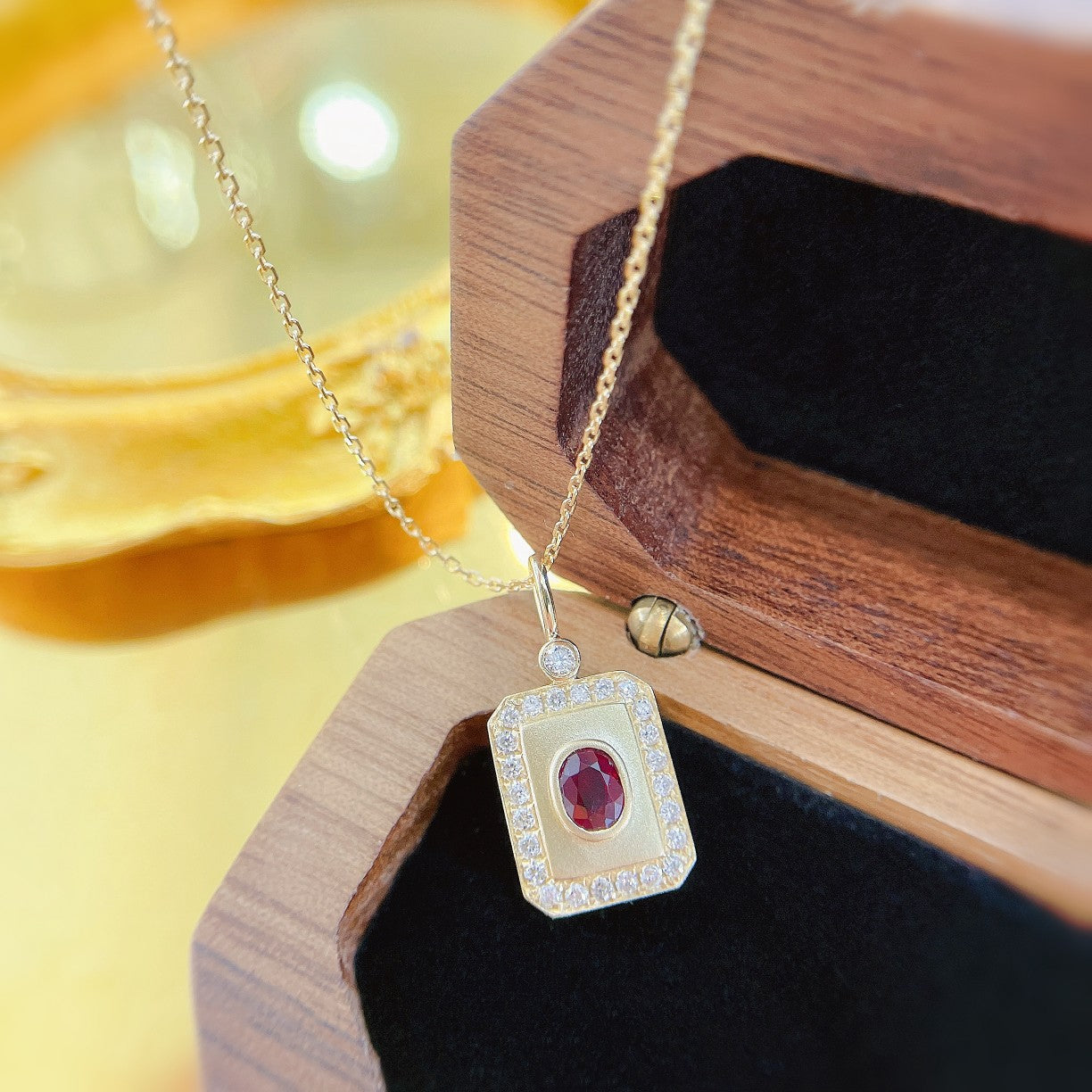 18K Rose Gold Oval Shield Pendant Necklace with Rubies | Jewelry Gemstone Piece - Red Treasure Necklace