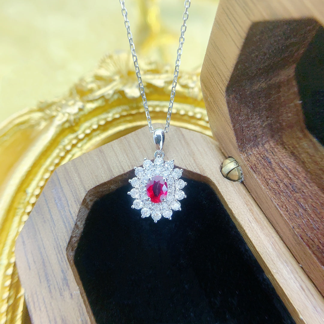 18K Rose Gold Oval Sunflower Pendant Necklace with Gemstones - Red Treasure Necklace