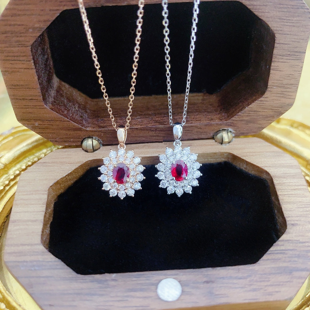 18K Rose Gold Oval Sunflower Pendant Necklace with Gemstones - Red Treasure Necklace