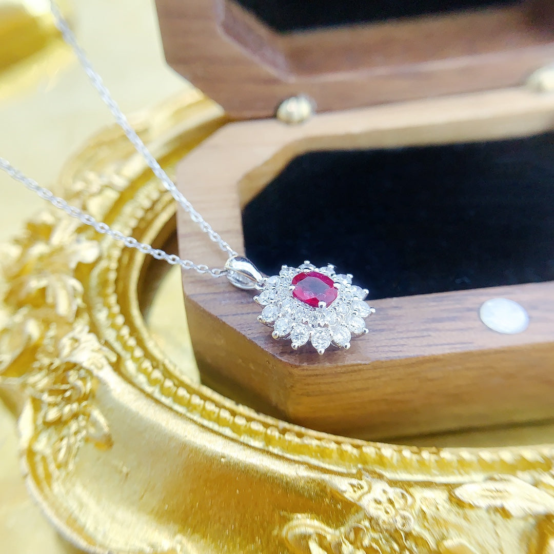 18K Rose Gold Oval Sunflower Pendant Necklace with Gemstones - Red Treasure Necklace