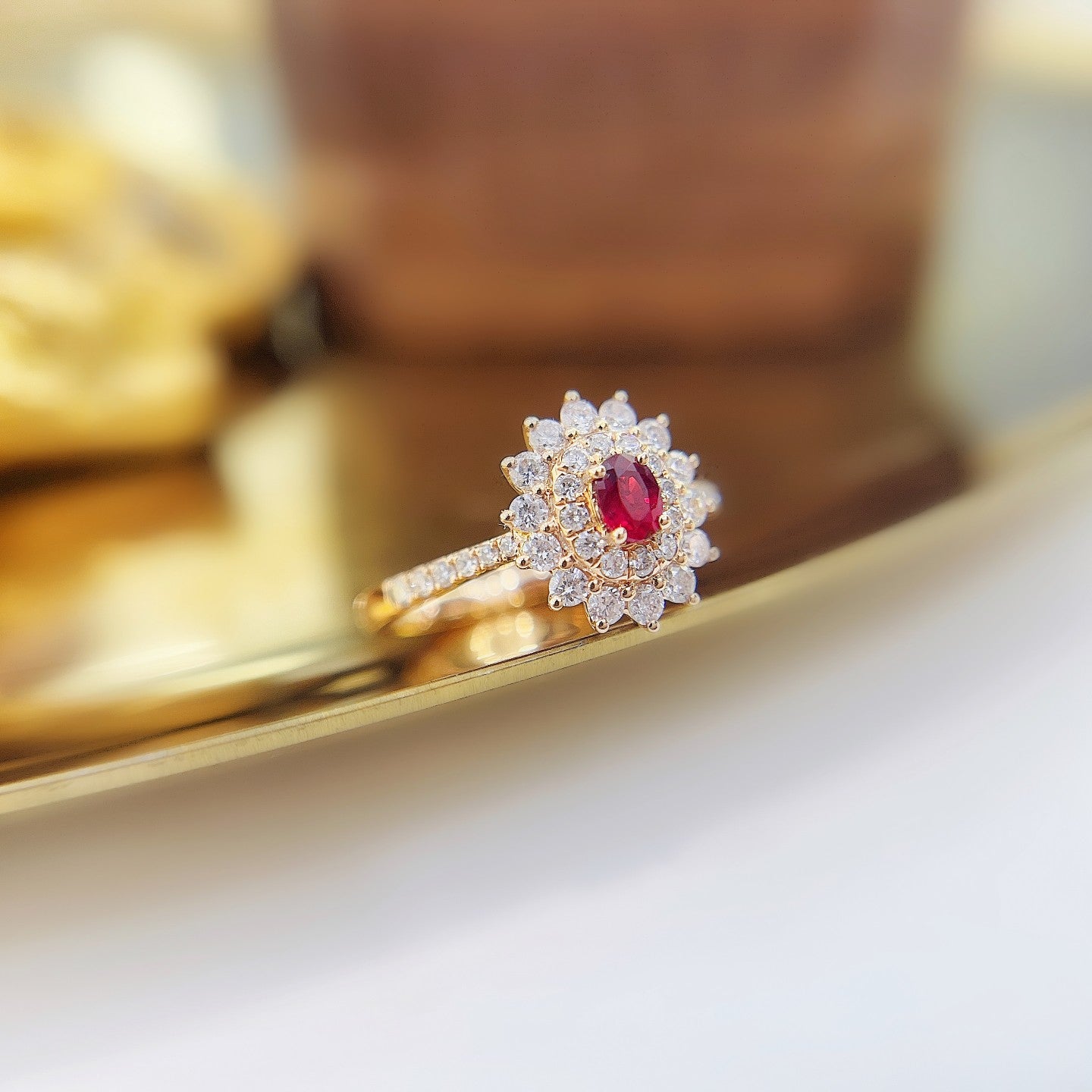 18K Rose Gold Oval Sunflower Ring with Ruby Centerpiece - Luxury Jewelry - Red Treasure Ring