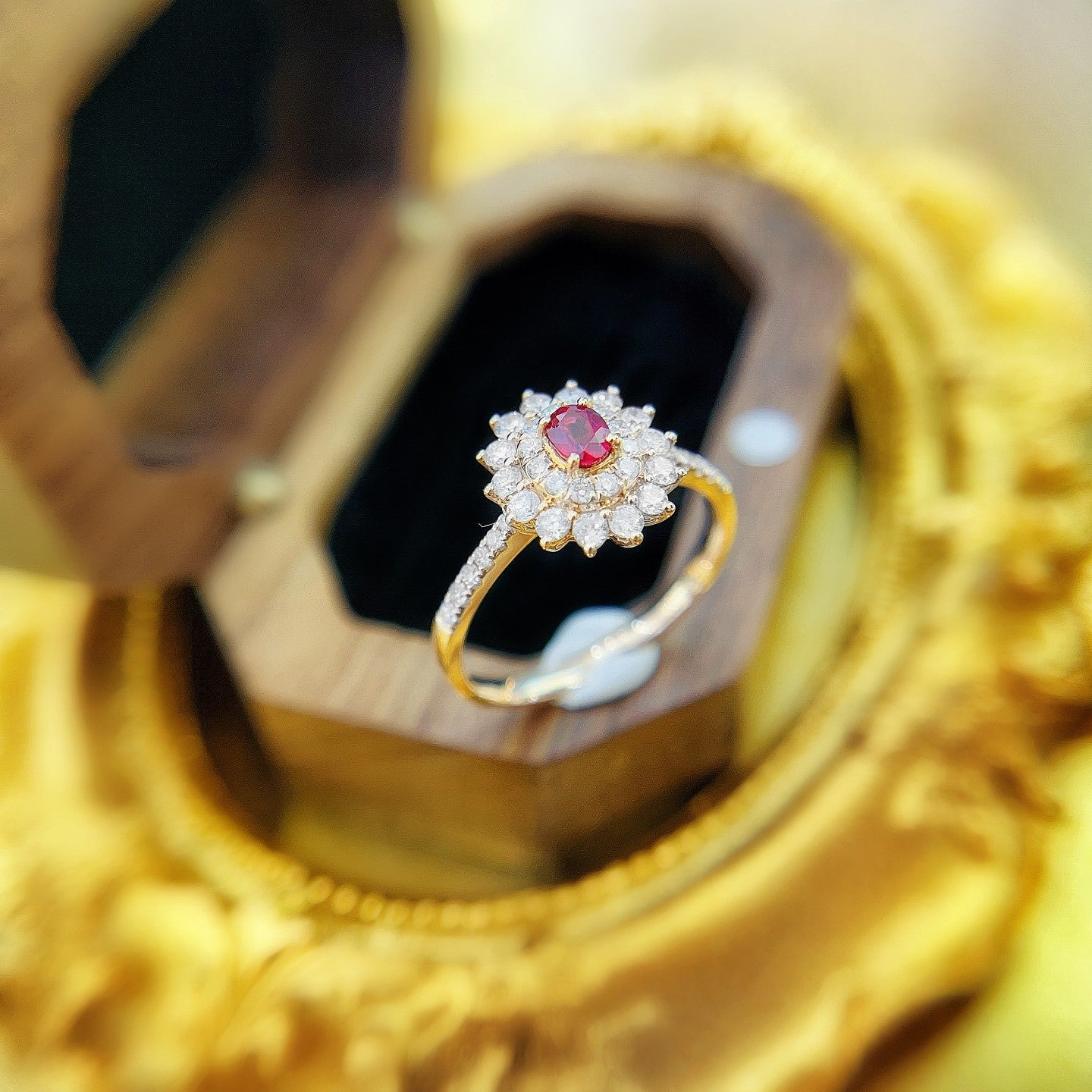 18K Rose Gold Oval Sunflower Ring with Ruby Centerpiece - Luxury Jewelry - Red Treasure Ring