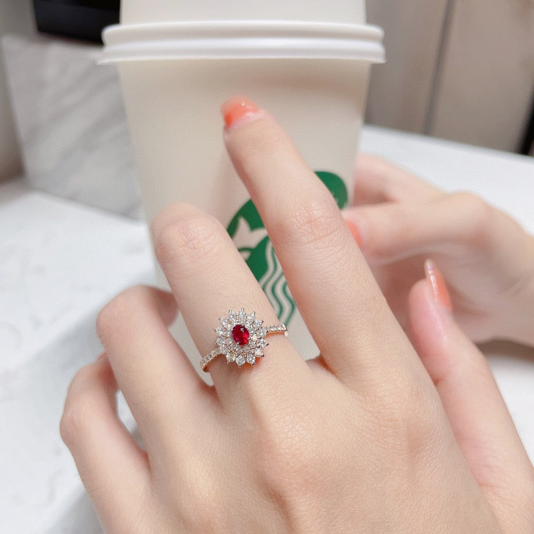 18K Rose Gold Oval Sunflower Ring with Ruby Centerpiece - Luxury Jewelry - Red Treasure Ring