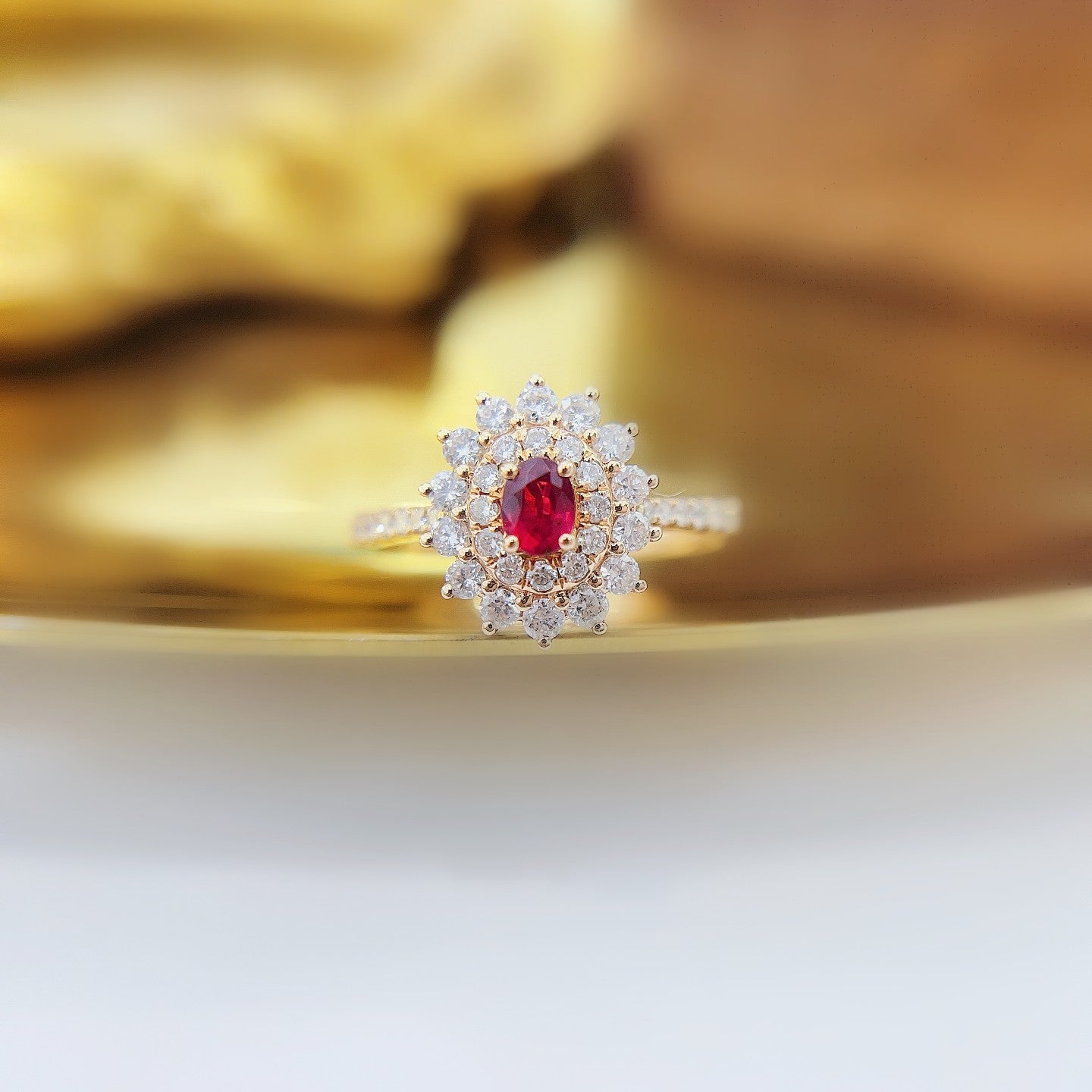 18K Rose Gold Oval Sunflower Ring with Ruby Centerpiece - Luxury Jewelry - Red Treasure Ring