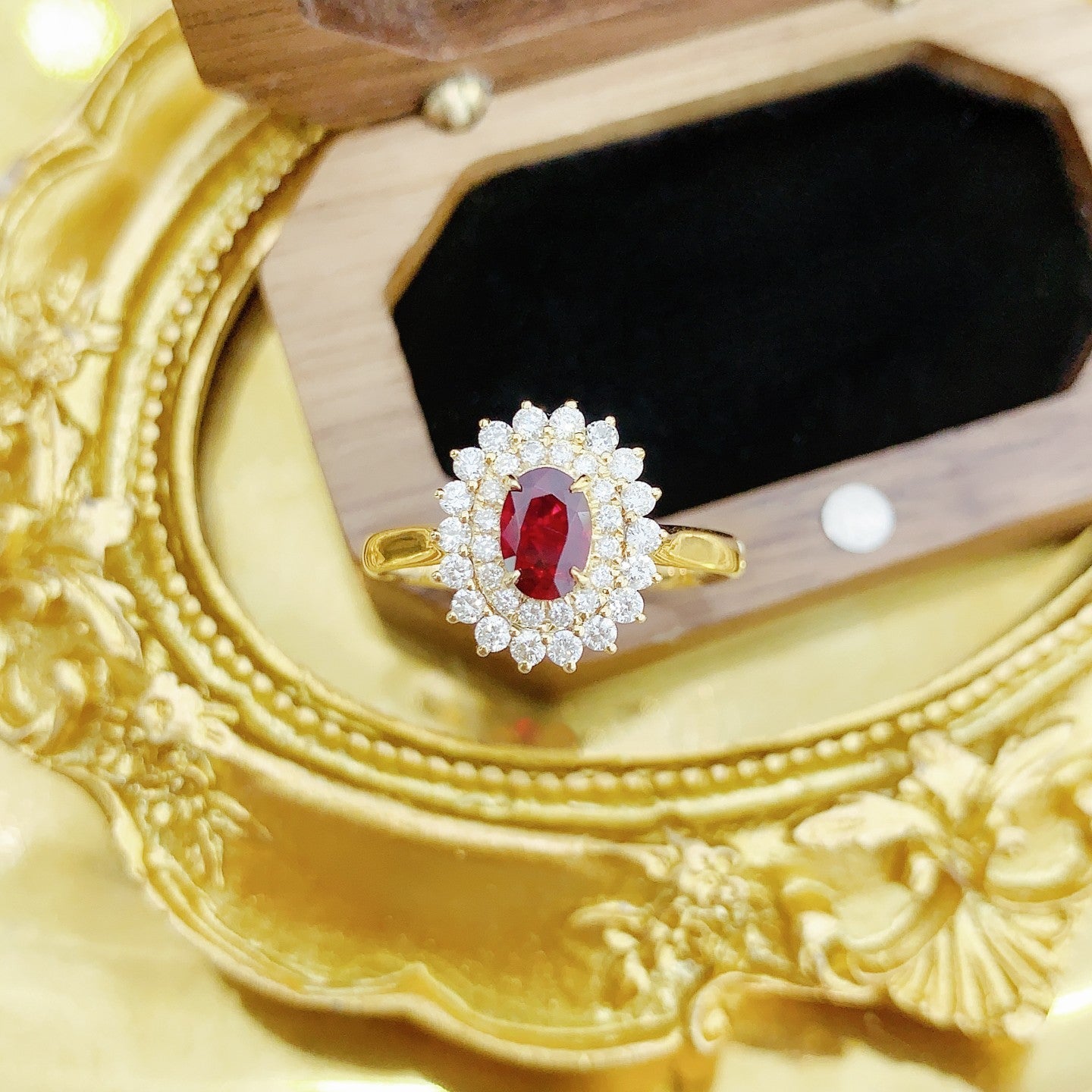 18K Rose Gold Oval Sunflower Ring with Ruby - Elegant Jewelry Choice - Red Treasure Ring