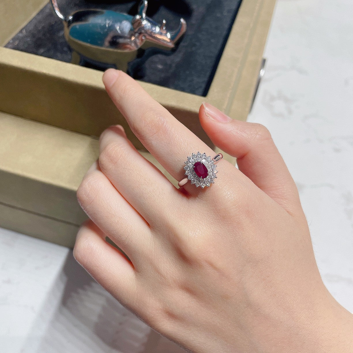 18K Rose Gold Oval Sunflower Ring with Ruby - Elegant Jewelry Choice - Red Treasure Ring