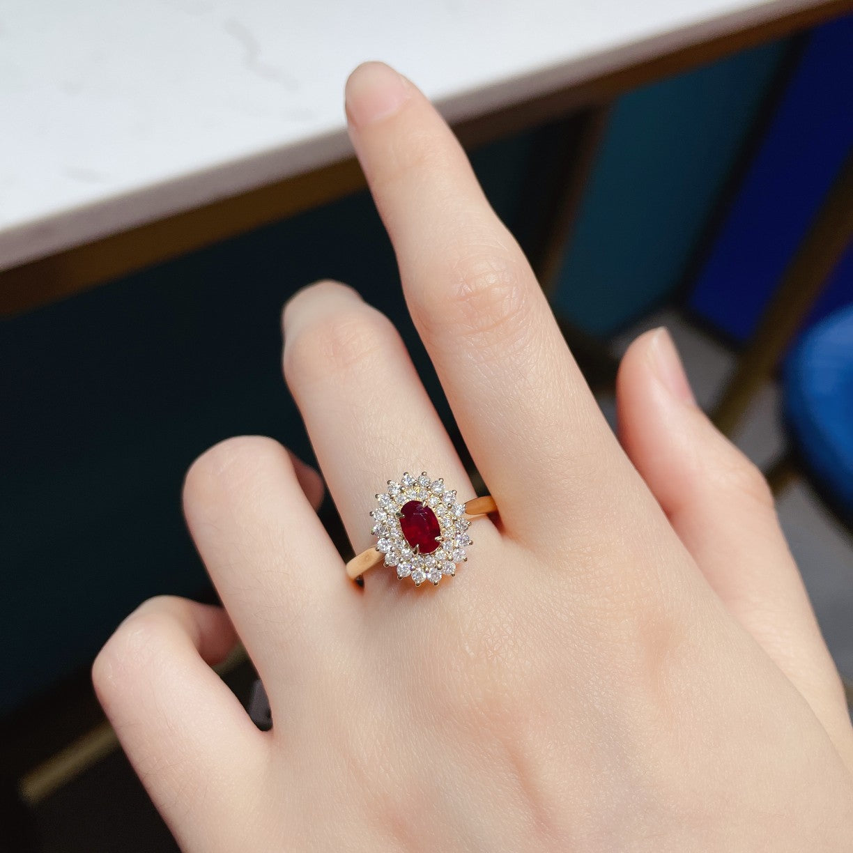 18K Rose Gold Oval Sunflower Ring with Ruby - Elegant Jewelry Choice - Red Treasure Ring