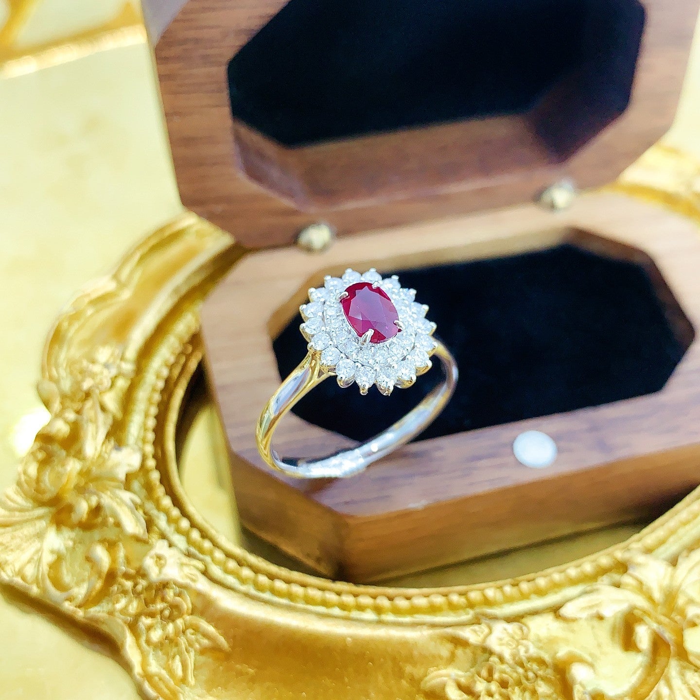 18K Rose Gold Oval Sunflower Ring with Ruby - Elegant Jewelry Choice - Red Treasure Ring