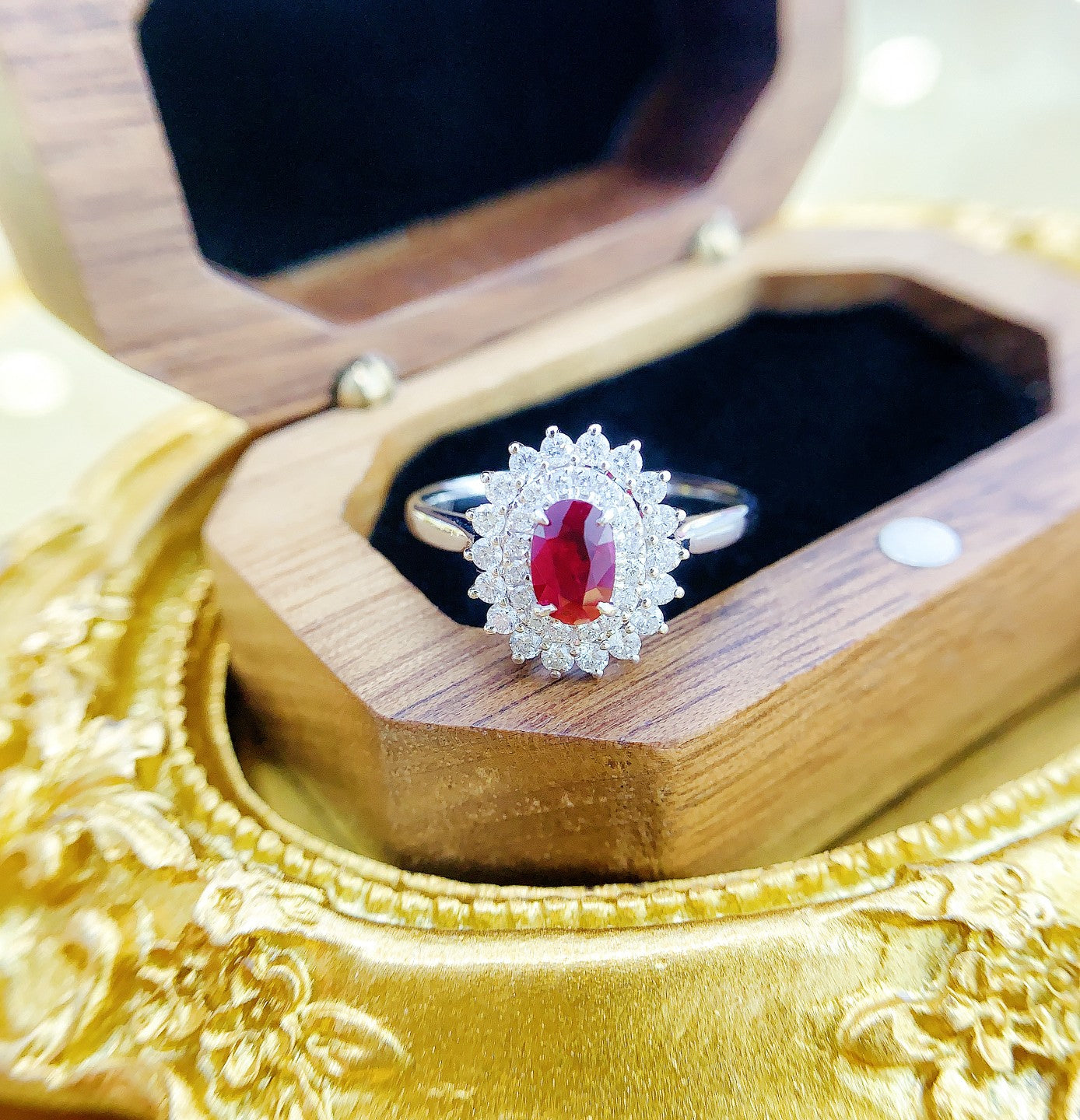 18K Rose Gold Oval Sunflower Ring with Ruby - Elegant Jewelry Choice - Red Treasure Ring