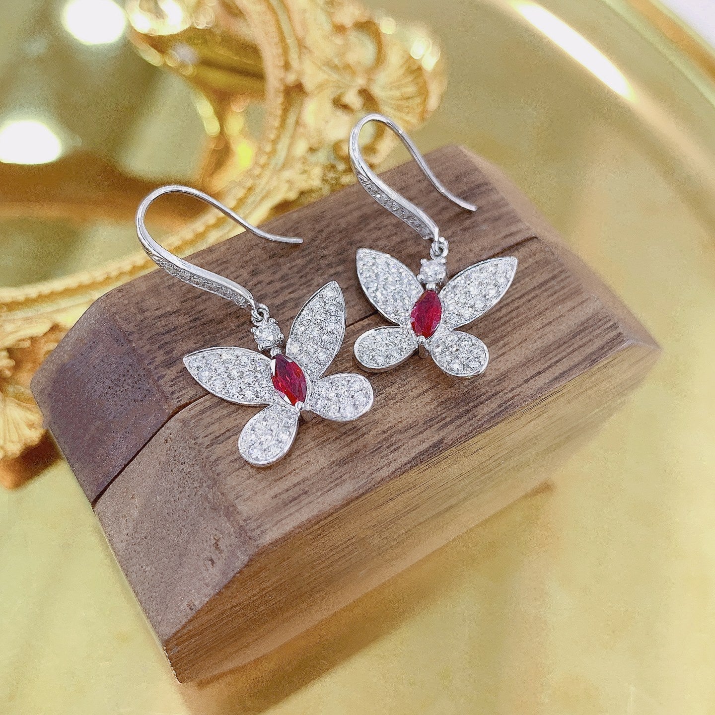 18K Rose Gold Red Garnet Butterfly Ear Hooks Jewelry Jeweler.Jewelry