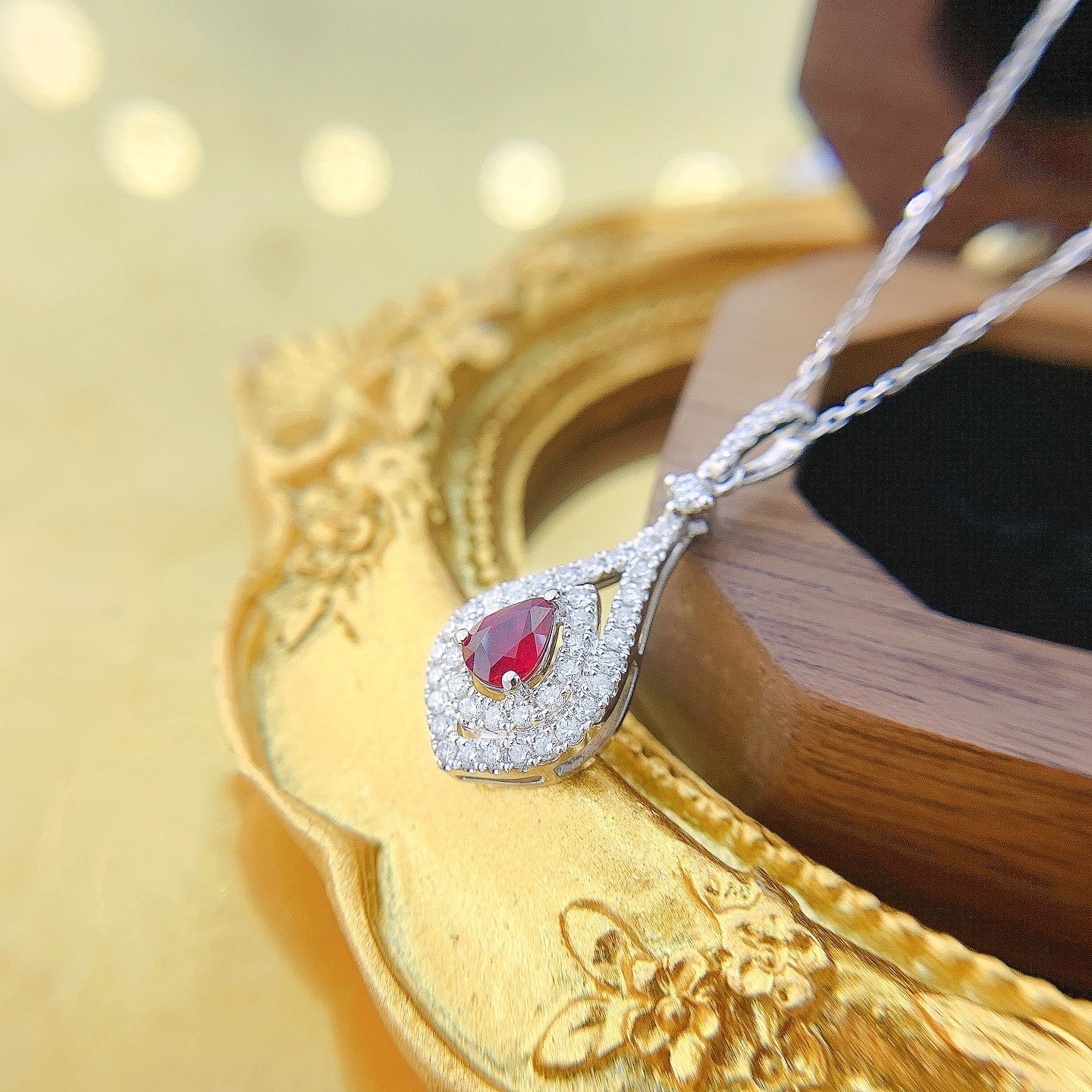 18K Rose Gold Ruby and Diamond Hollow Pendant Necklace - Red Treasure Necklace