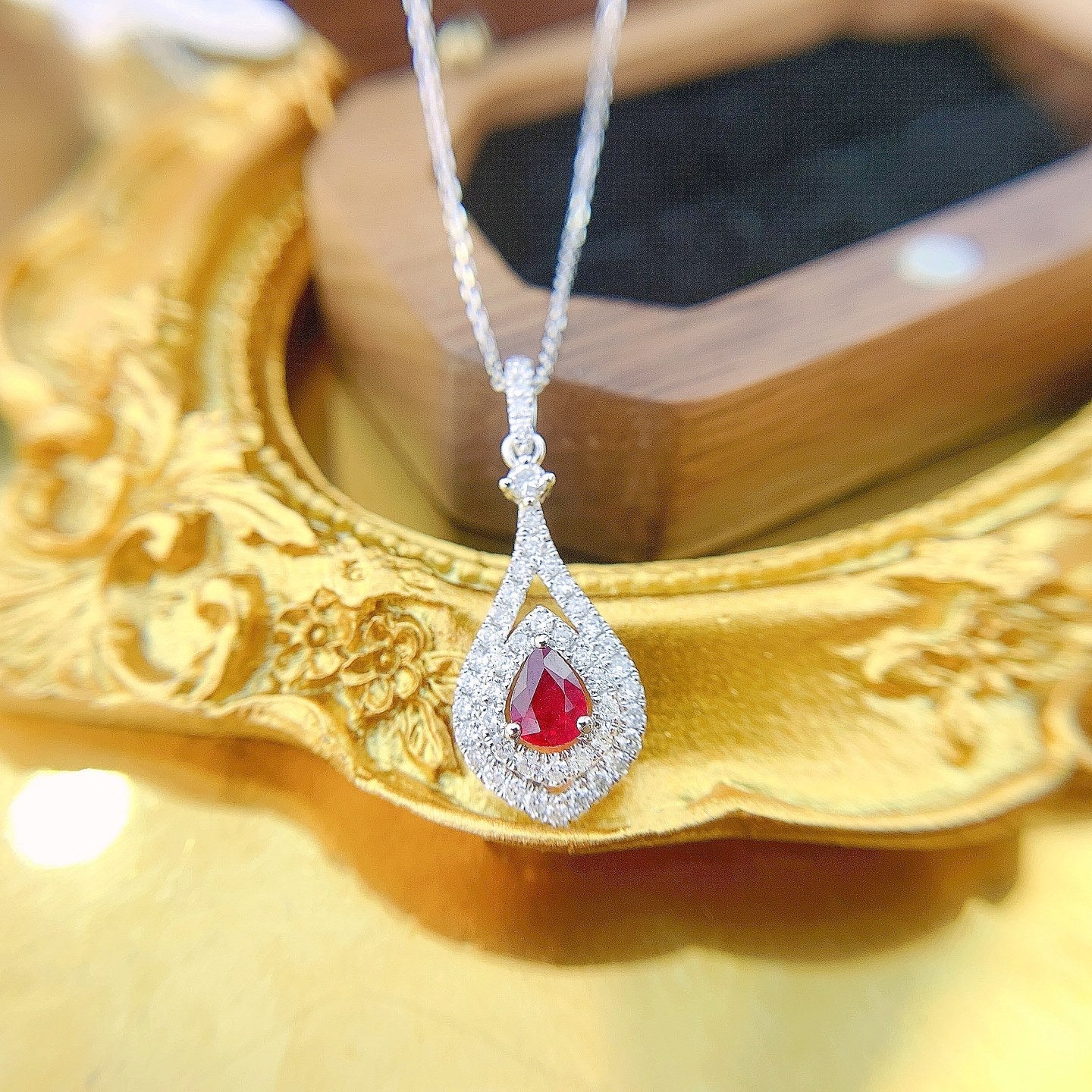 18K Rose Gold Ruby and Diamond Hollow Pendant Necklace - Red Treasure Necklace