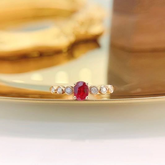 18K Rose Gold Ruby & Diamond Oval Cluster Ring - Luxury Jewelry - Red Treasure Ring