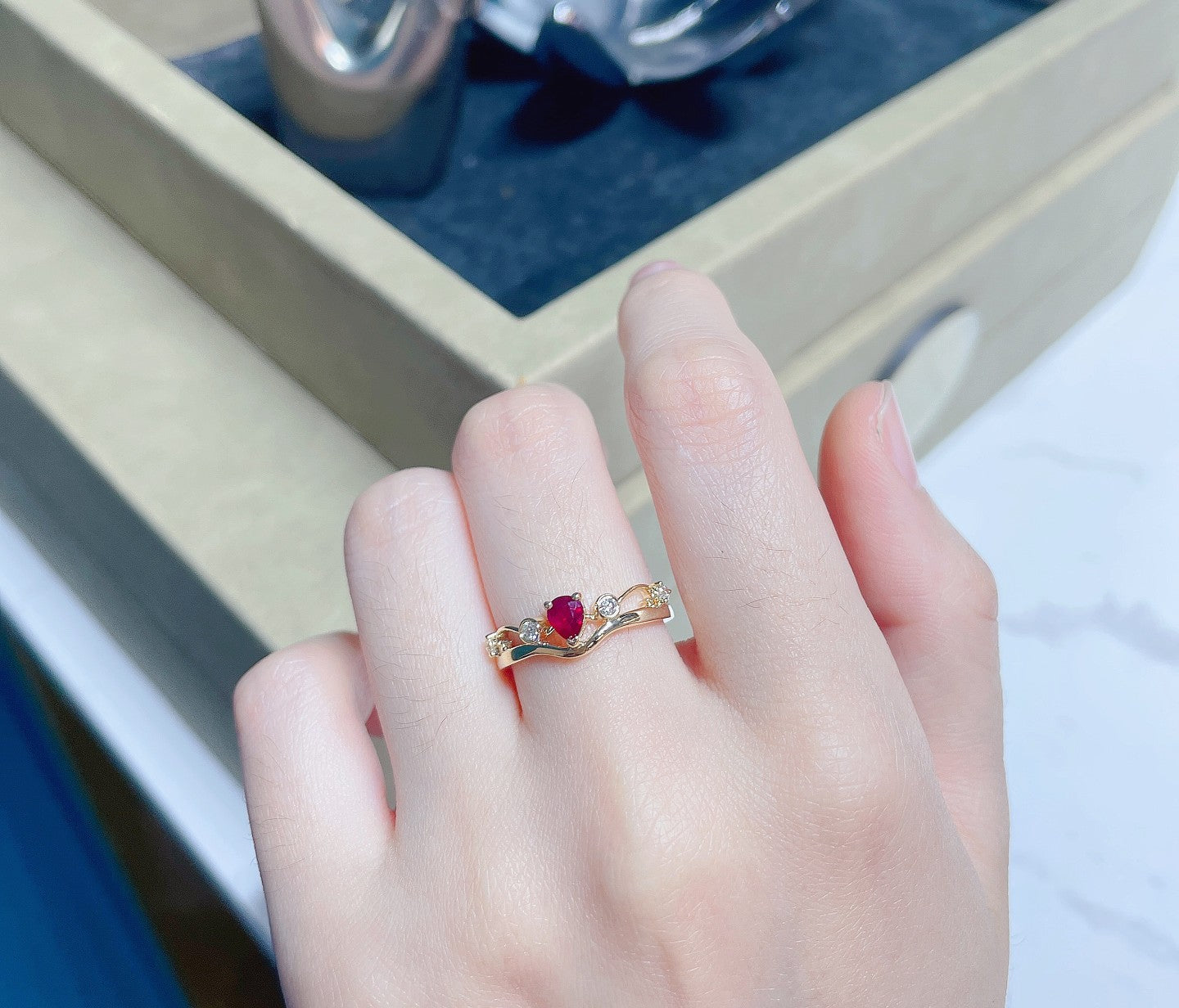 18K Rose Gold Ruby Drop Crown Ring - Luxurious Jewelry Piece - Red Treasure Ring