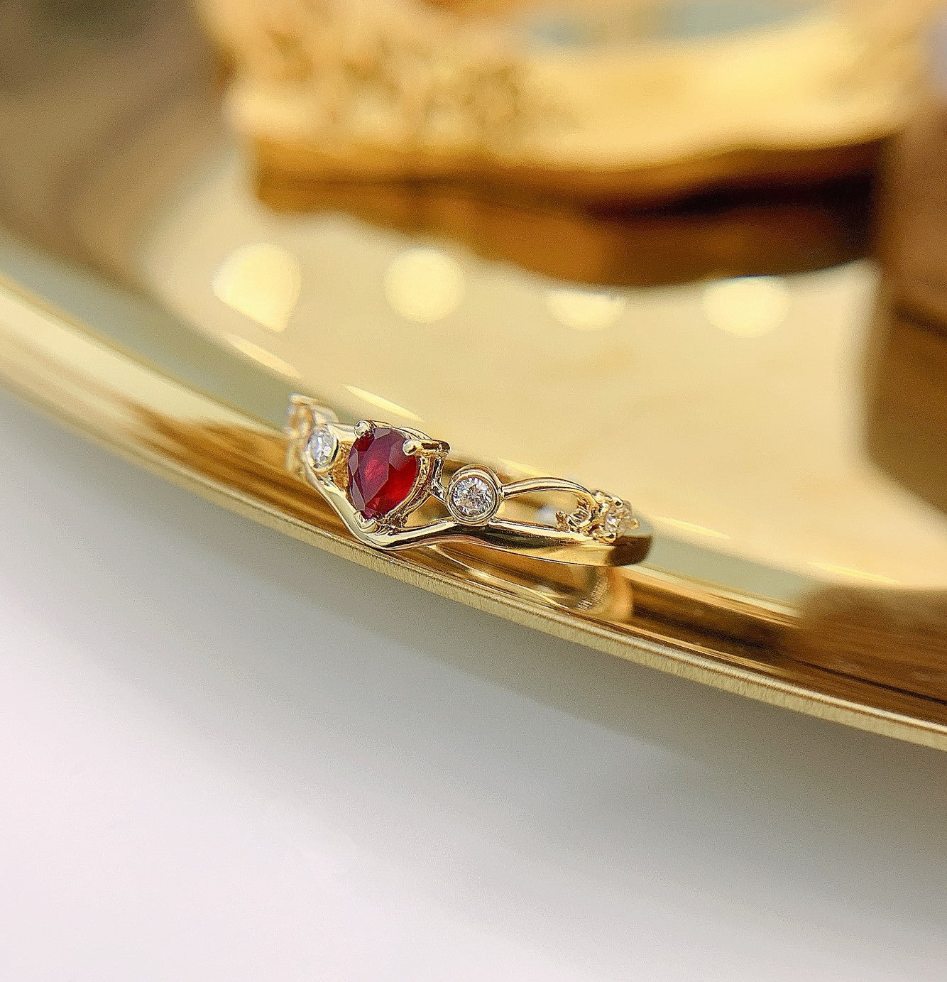 18K Rose Gold Ruby Drop Crown Ring - Luxurious Jewelry Piece - Red Treasure Ring