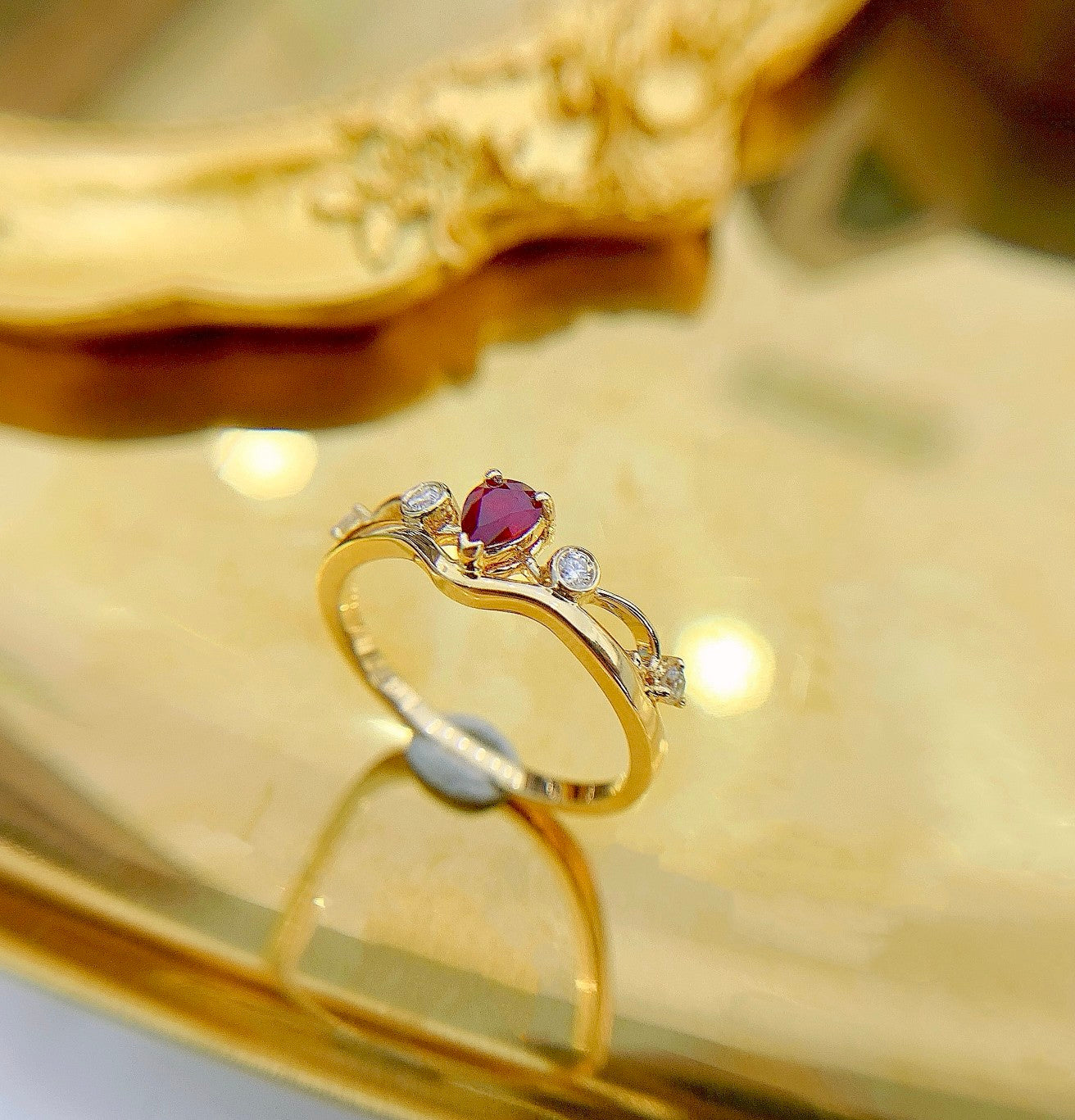 18K Rose Gold Ruby Drop Crown Ring - Luxurious Jewelry Piece - Red Treasure Ring