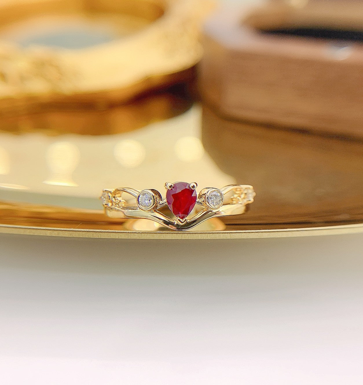 18K Rose Gold Ruby Drop Crown Ring - Luxurious Jewelry Piece - Red Treasure Ring