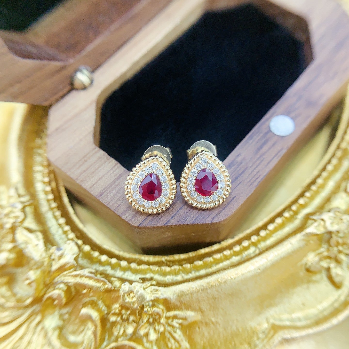 18K Rose Gold Ruby Drop Earrings with Lace Edge Design | Fine Jewelry Jeweler.Jewelry