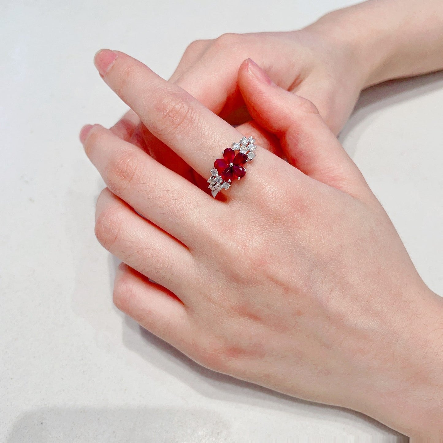 18K Rose Gold Ruby Drop Flower Cluster Ring - Luxury Jewelry - Red Treasure Ring