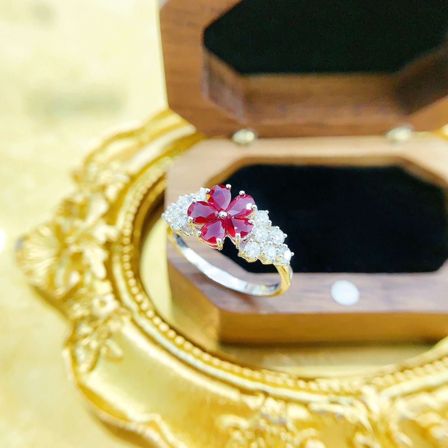 18K Rose Gold Ruby Drop Flower Cluster Ring - Luxury Jewelry - Red Treasure Ring