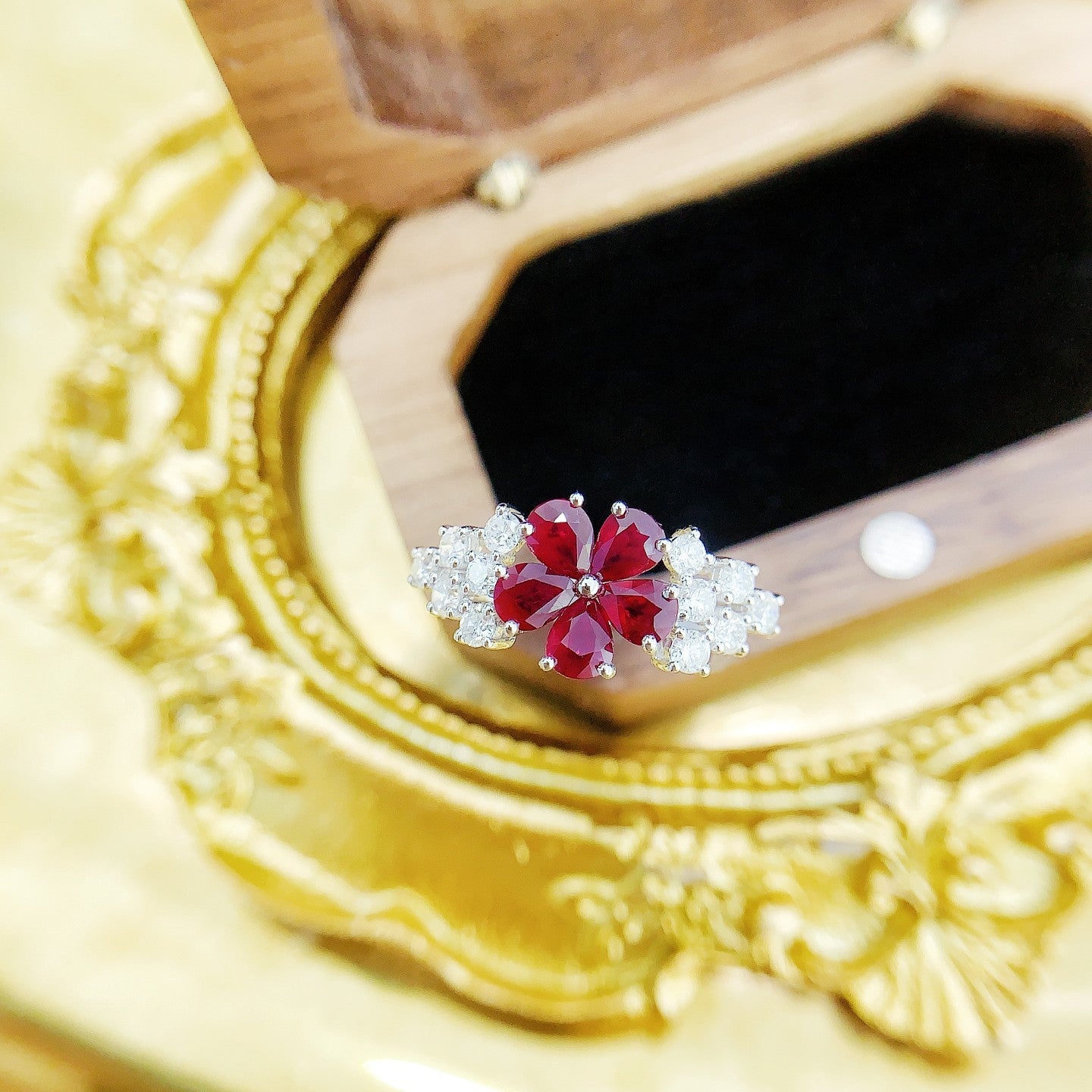 18K Rose Gold Ruby Drop Flower Cluster Ring - Luxury Jewelry - Red Treasure Ring