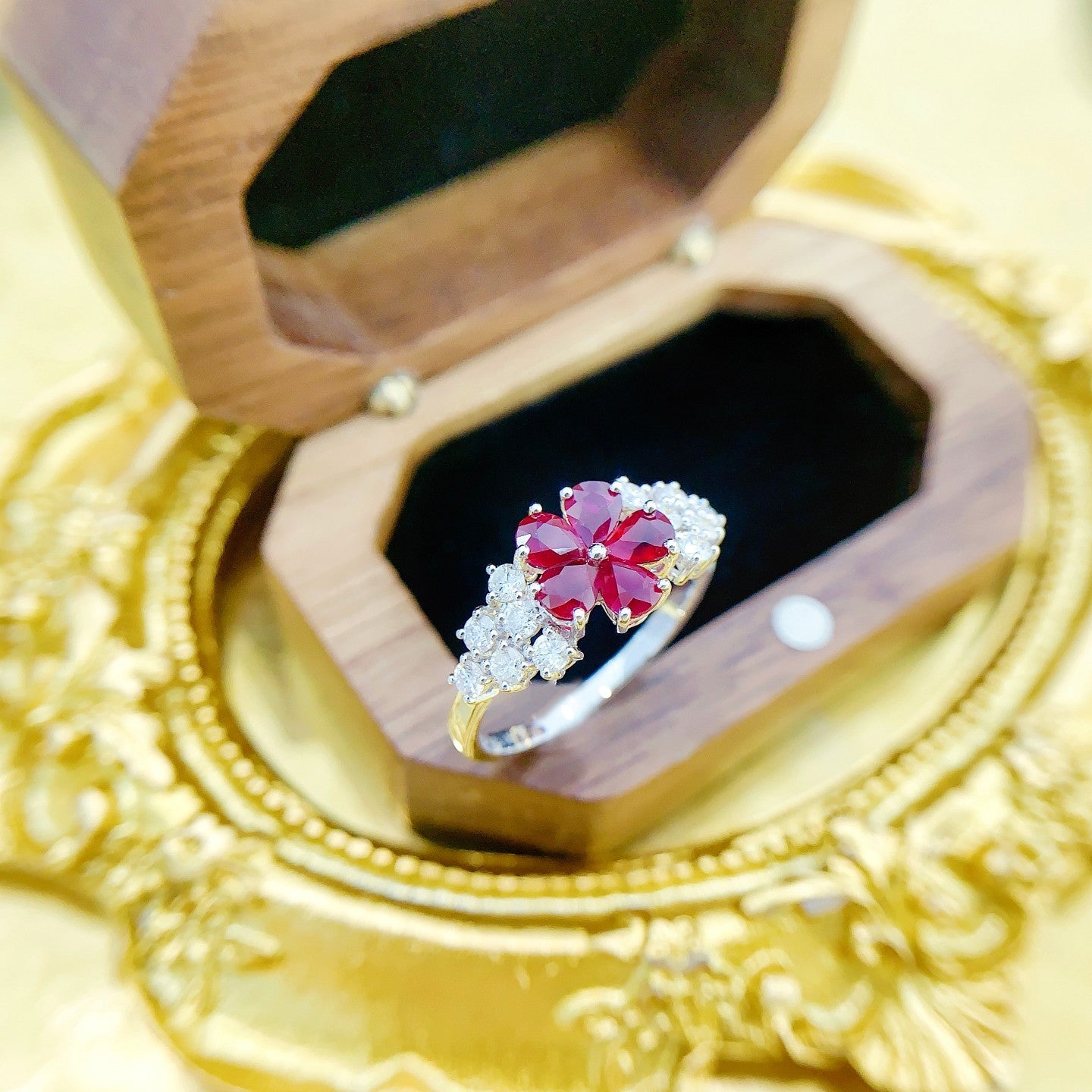 18K Rose Gold Ruby Drop Flower Cluster Ring - Luxury Jewelry - Red Treasure Ring