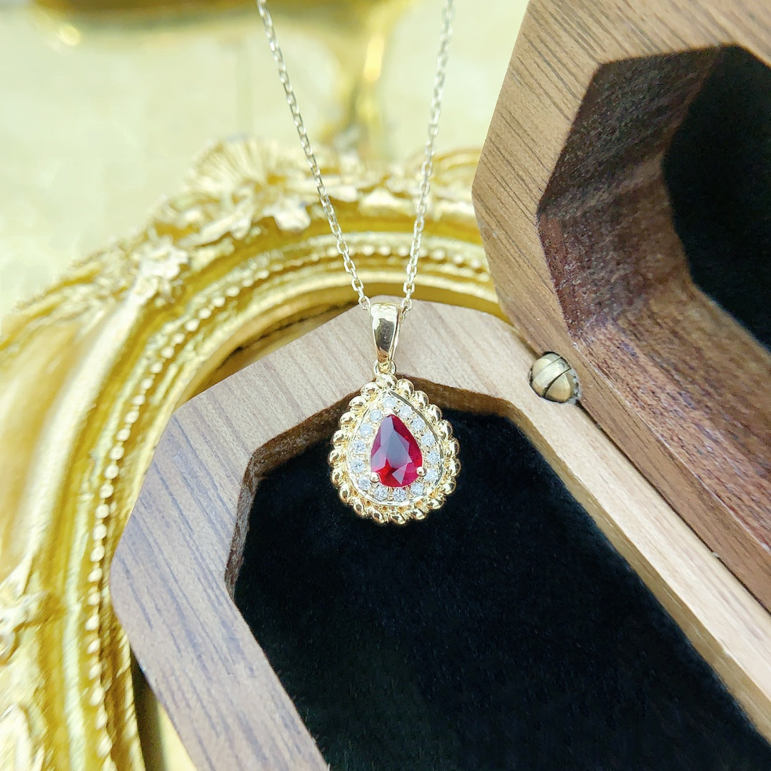 18K Rose Gold Ruby Drop Pendant with Milgrain Edge and Claw Setting Jewelry - Red Treasure Necklace