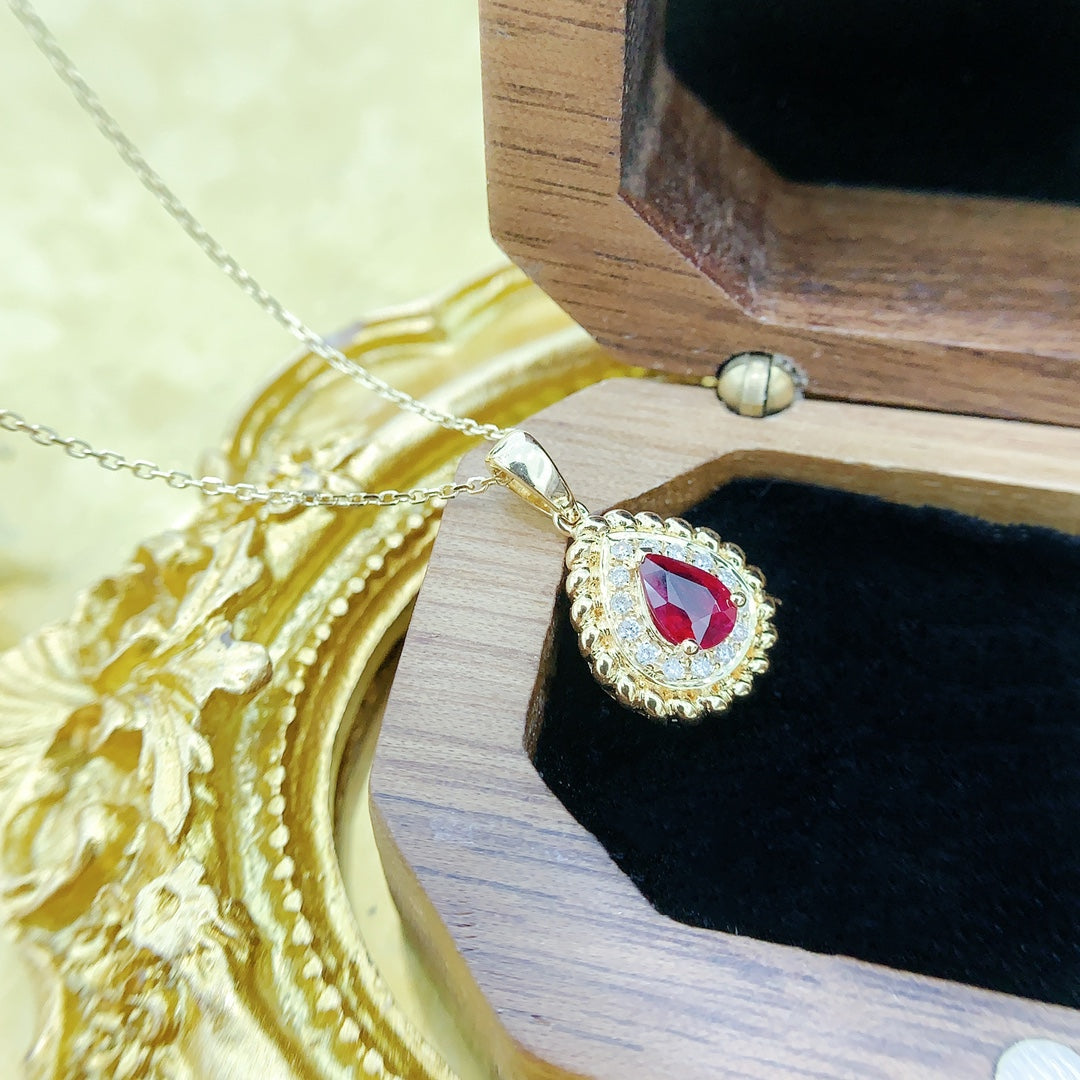 18K Rose Gold Ruby Drop Pendant with Milgrain Edge and Claw Setting Jewelry - Red Treasure Necklace