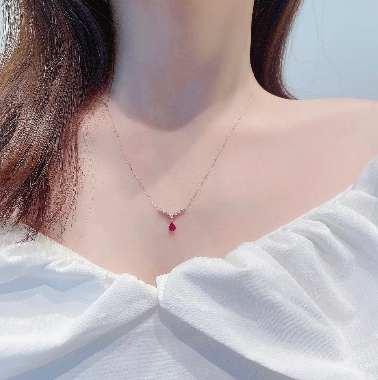 18K Rose Gold Ruby Drop V-Shaped Pendant Necklace - Luxury Jewelry - Red Treasure Necklace