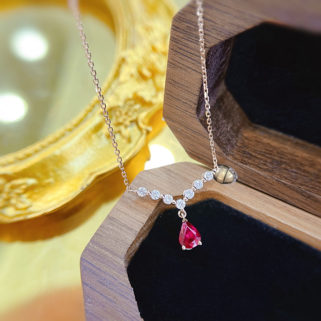 18K Rose Gold Ruby Drop V-Shaped Pendant Necklace - Luxury Jewelry - Red Treasure Necklace