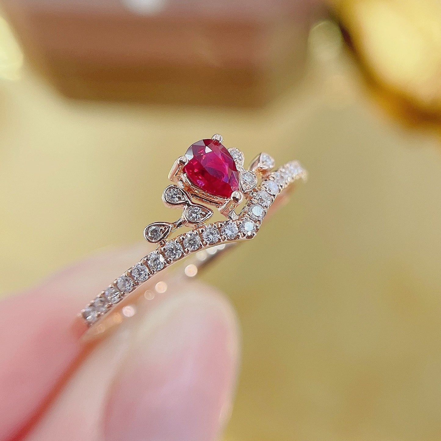 18K Rose Gold Ruby Droplet Tiny Crown Ring - Luxury Jewelry - Red Treasure Ring