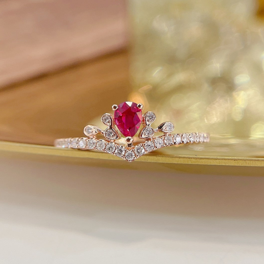 18K Rose Gold Ruby Droplet Tiny Crown Ring - Luxury Jewelry - Red Treasure Ring