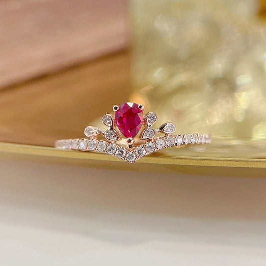 18K Rose Gold Ruby Droplet Tiny Crown Ring - Luxury Jewelry - Red Treasure Ring