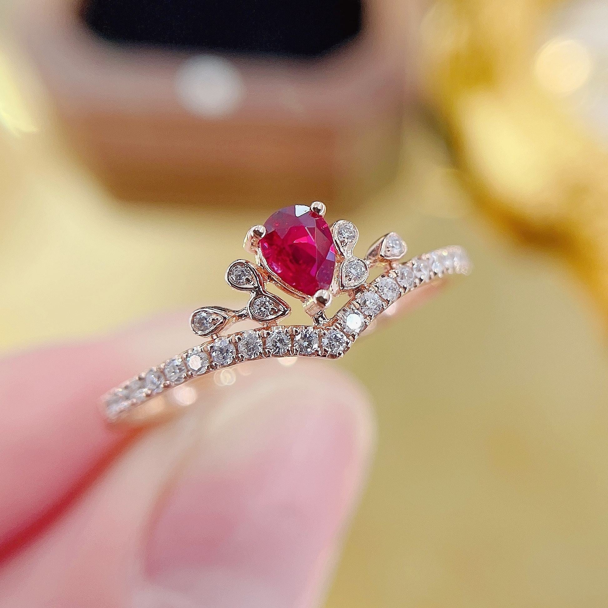 18K Rose Gold Ruby Droplet Tiny Crown Ring - Luxury Jewelry - Red Treasure Ring