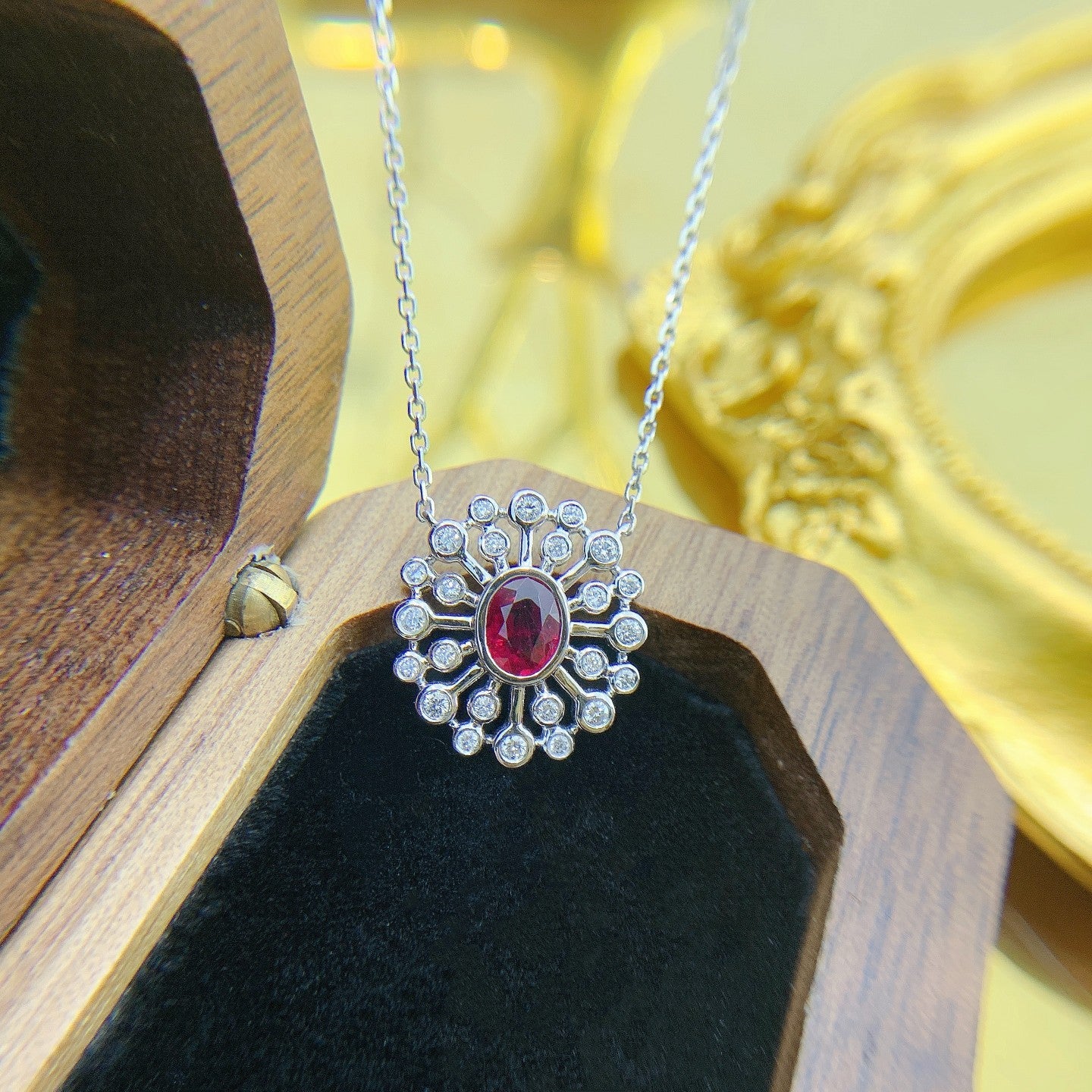 18K Rose Gold Ruby Ellipse Halo Necklace - Fine Jewelry - Red Treasure Necklace