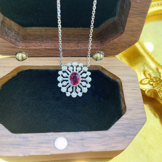 18K Rose Gold Ruby Ellipse Halo Necklace - Fine Jewelry - Red Treasure Necklace