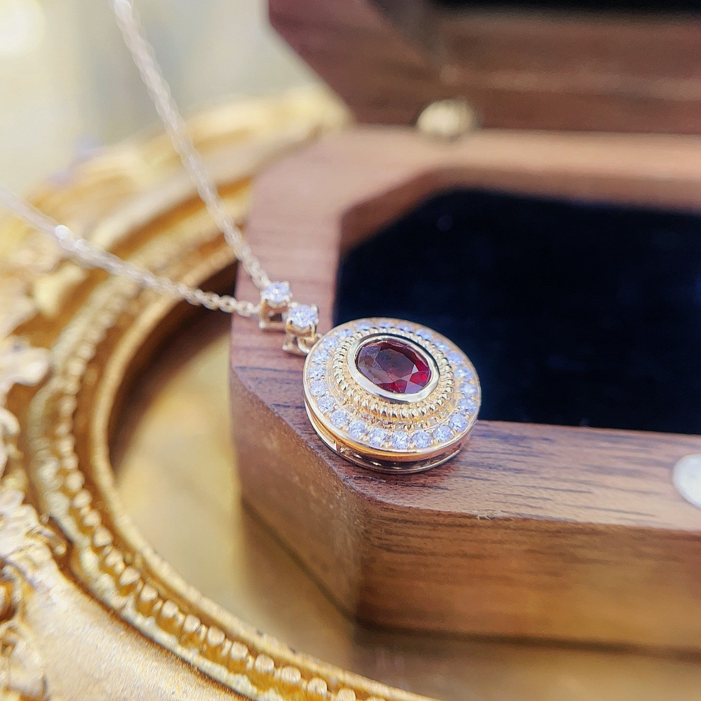 18K Rose Gold Ruby Ellipse Halo Necklace - Luxurious Jewelry Piece - Red Treasure Necklace