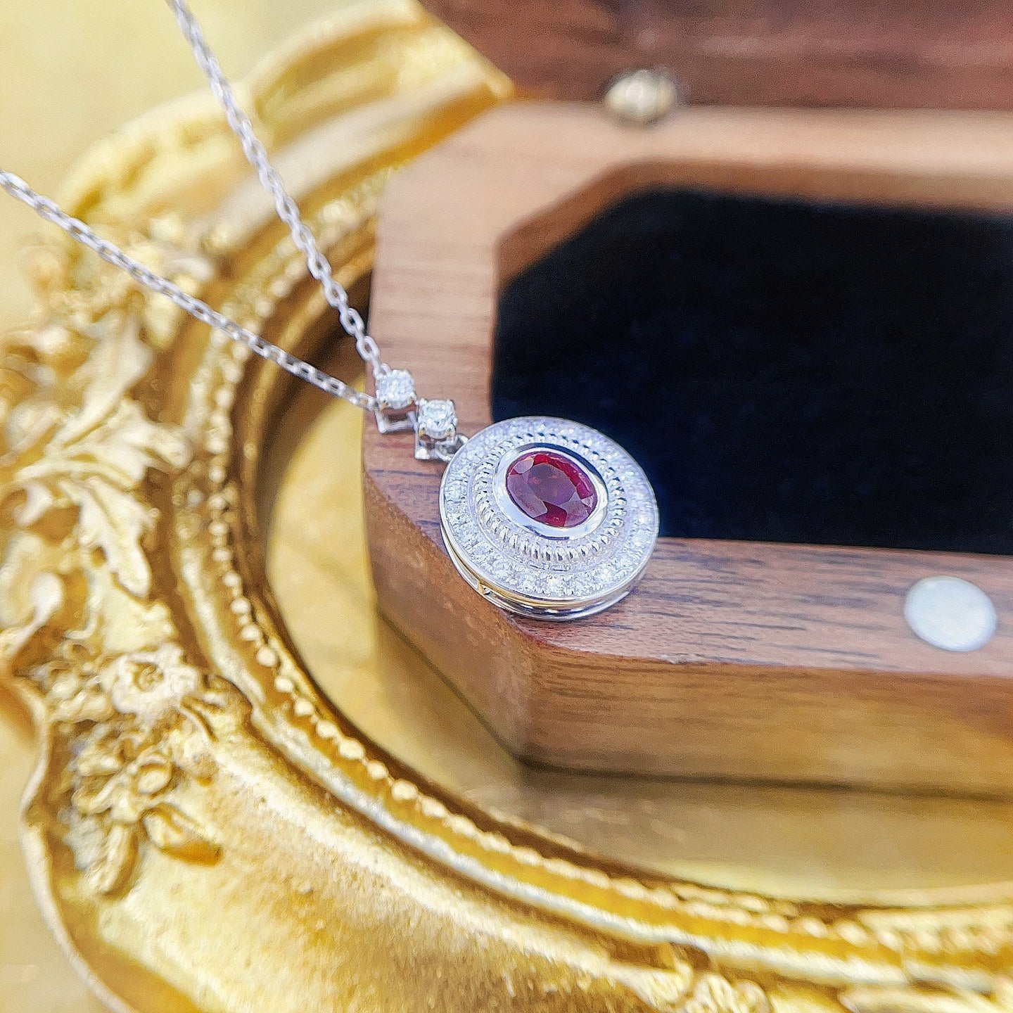 18K Rose Gold Ruby Ellipse Halo Necklace - Luxurious Jewelry Piece - Red Treasure Necklace